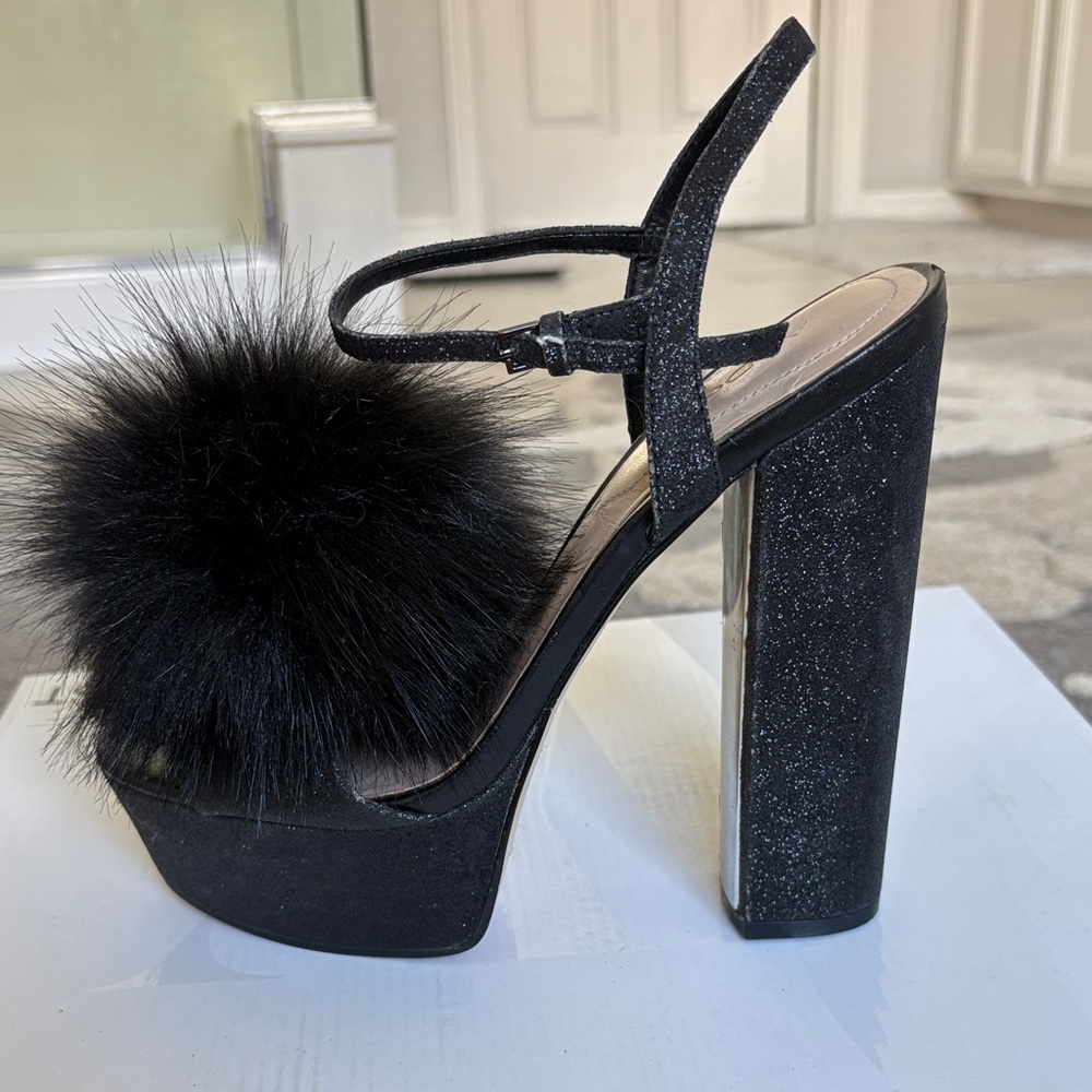 Aldo Black Glitter Platform Heels with Fur PomPom.